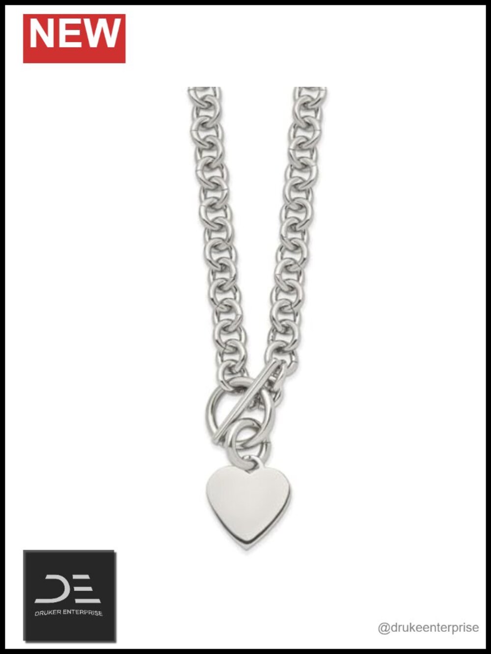 Polished Stainless Steel Heart Toggle Necklace, Open Link Chain 18" Women's